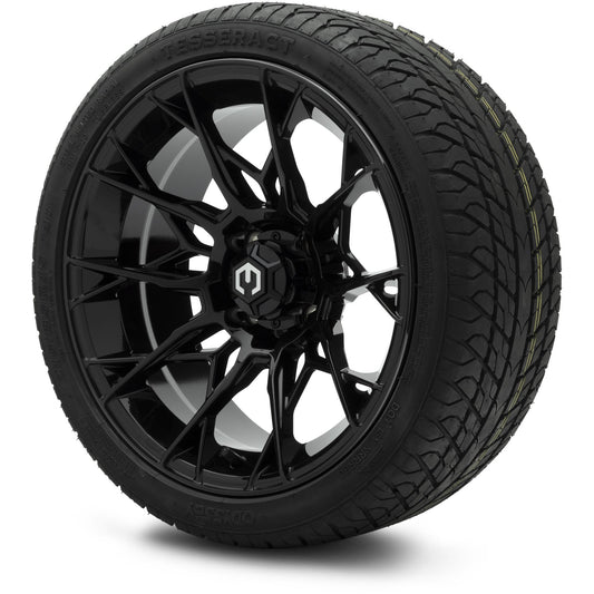 MODZ® 15" Chaos Glossy Black Wheels & Street Tires Combo (Odyssey Tesseract Steel-Belted Radial 215/35-R15)