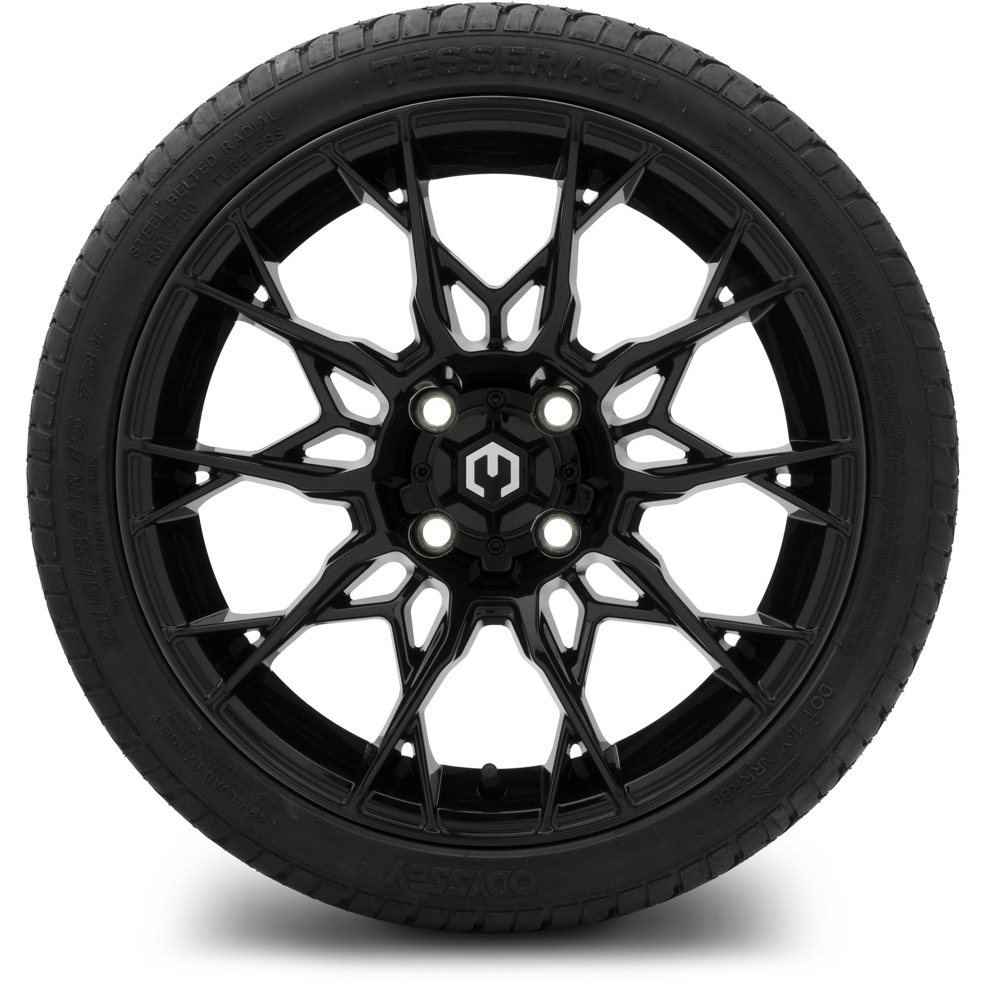 MODZ® 15" Chaos Glossy Black Wheels & Street Tires Combo (Odyssey Tesseract Steel-Belted Radial 215/35-R15)