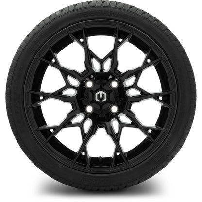MODZ® 15" Chaos Glossy Black Wheels & Street Tires Combo (Odyssey Tesseract Steel-Belted Radial 215/35-R15)