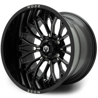MODZ® 15x10" Convict Glossy Black with Ball Mill Wheels & Off-Road Tires Combo (Xcomp Gladiator Steel Belted Radial 23x10-15)