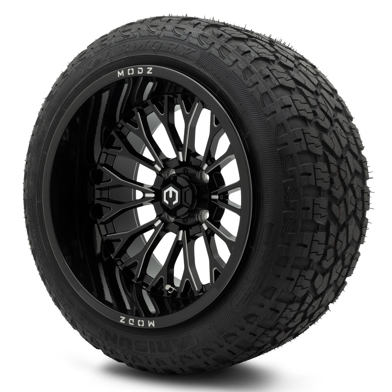 MODZ® 15x10" Convict Glossy Black with Ball Mill Wheels & Off-Road Tires Combo (Xcomp Gladiator Steel Belted Radial 23x10-15)
