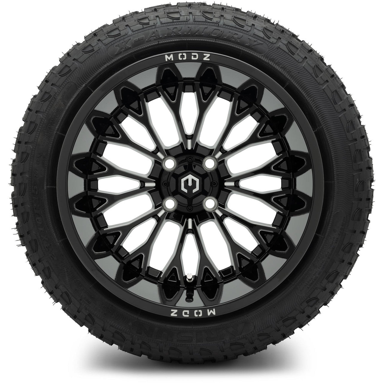 MODZ® 15x10" Convict Glossy Black with Ball Mill Wheels & Off-Road Tires Combo (Arisun X-Armory Steel Belted Radial 23x10-15)