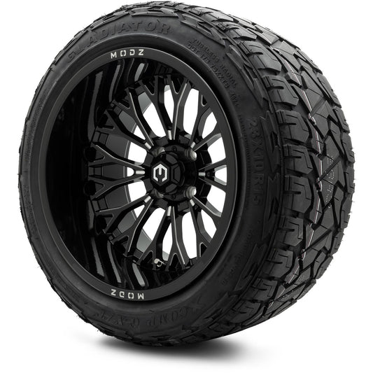 MODZ® 15x10" Convict Glossy Black with Ball Mill Wheels & Off-Road Tires Combo (Xcomp Gladiator Steel Belted Radial 23x10-15)