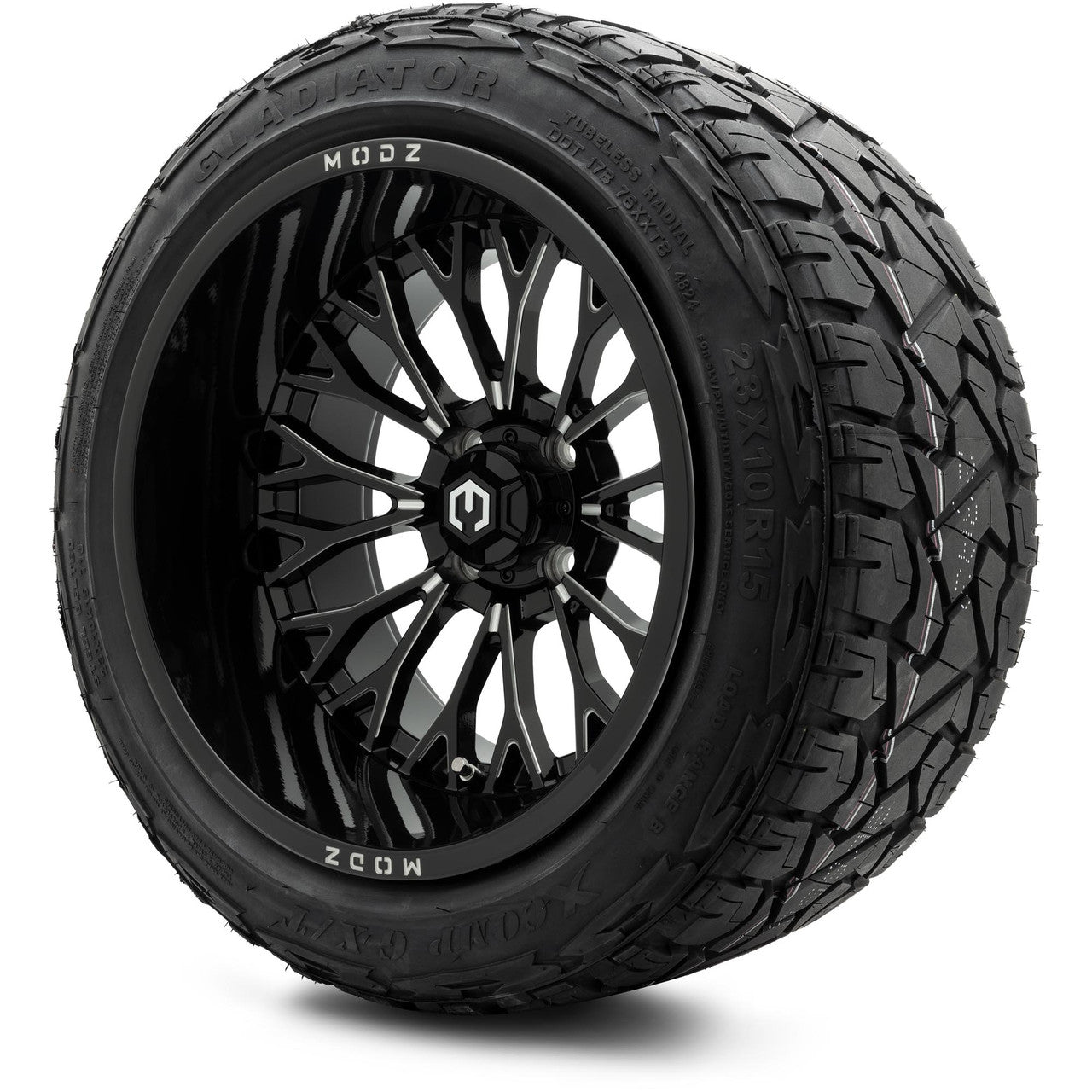 MODZ® 15x10" Convict Glossy Black with Ball Mill Wheels & Off-Road Tires Combo (Arisun X-Armory Steel Belted Radial 23x10-15)