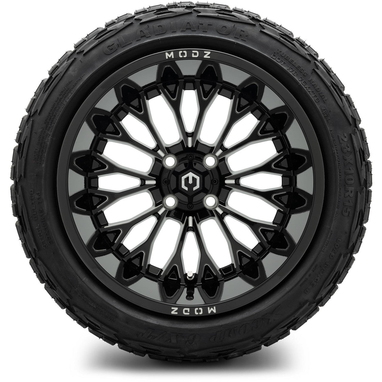 MODZ® 15x10" Convict Glossy Black with Ball Mill Wheels & Off-Road Tires Combo (Arisun X-Armory Steel Belted Radial 23x10-15)