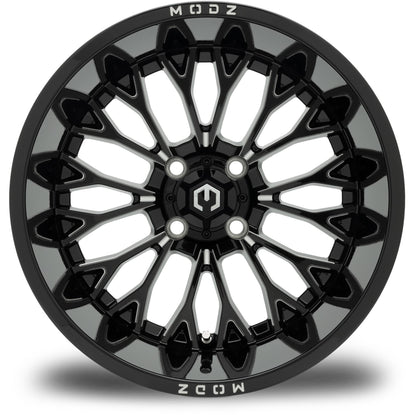 MODZ® 15x10" Convict Glossy Black with Ball Mill Wheels & Off-Road Tires Combo (Xcomp Gladiator Steel Belted Radial 23x10-15)