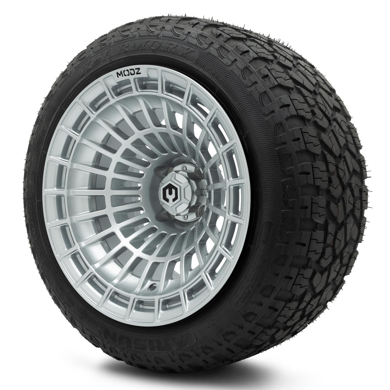 MODZ® 15x10" Felon Silver Wheels & Off-Road Tires Combo (Xcomp Gladiator Steel Belted Radial 23x10-15)