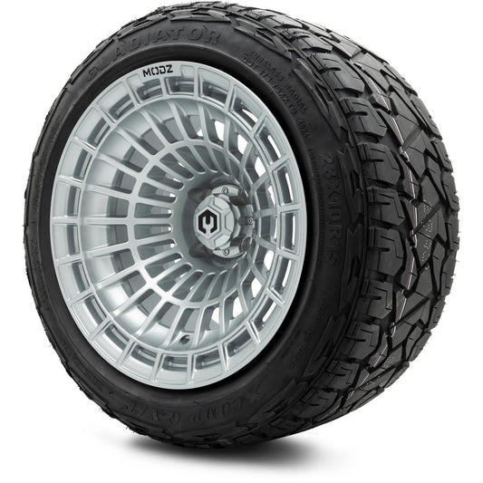MODZ® 15x10" Felon Silver Wheels & Off-Road Tires Combo (Xcomp Gladiator Steel Belted Radial 23x10-15)