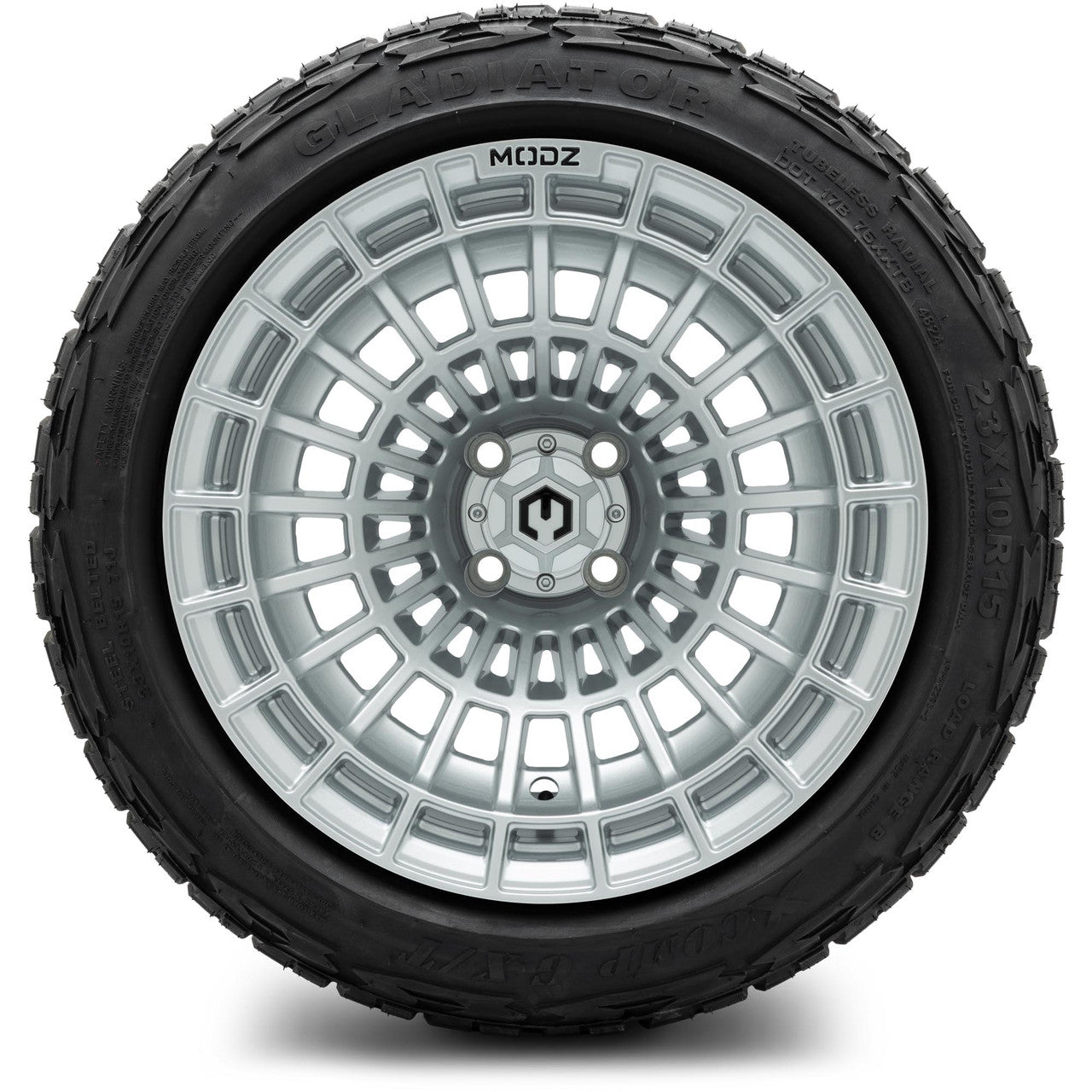 MODZ® 15x10" Felon Silver Wheels & Off-Road Tires Combo (Xcomp Gladiator Steel Belted Radial 23x10-15)