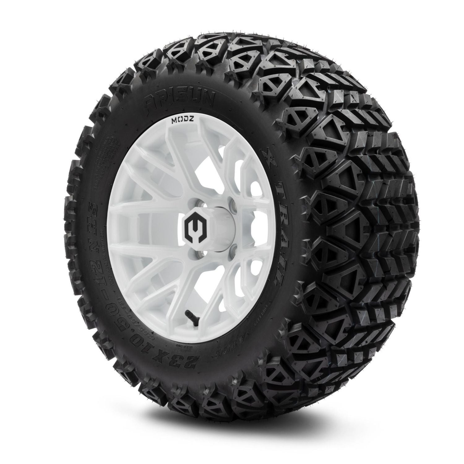 MODZ® 12" Matrix Glossy White Wheels & Off-Road Tires Combo (Arisun X-Trail All-Terrain 23x10.50-12)
