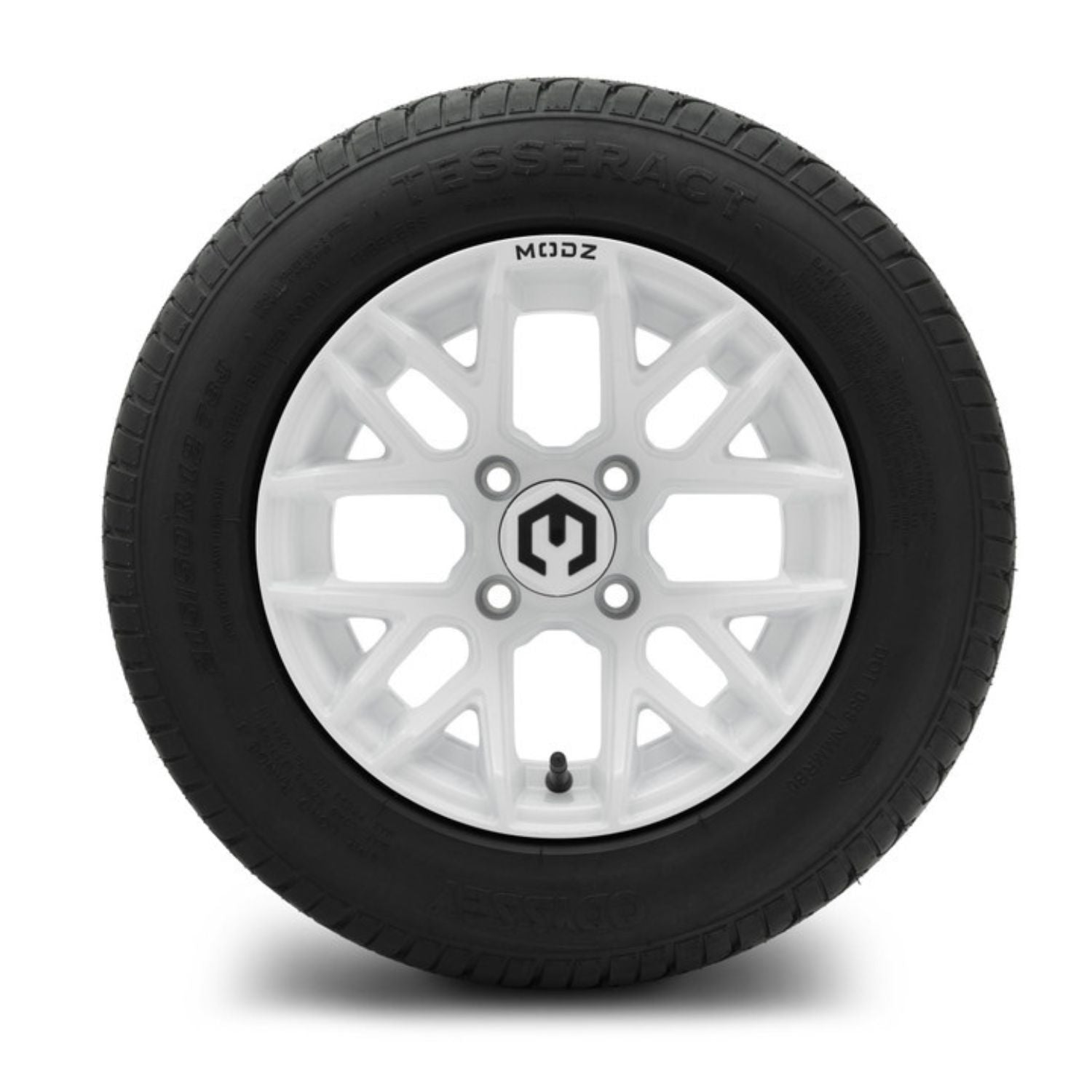 MODZ® 12" Matrix Glossy White Wheels & Street Tires Combo (Odyssey Tesseract Steel-Belted Radial 215/50-R12)