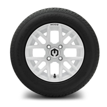 MODZ® 12" Matrix Glossy White Wheels & Street Tires Combo (Odyssey Tesseract Steel-Belted Radial 215/50-R12)