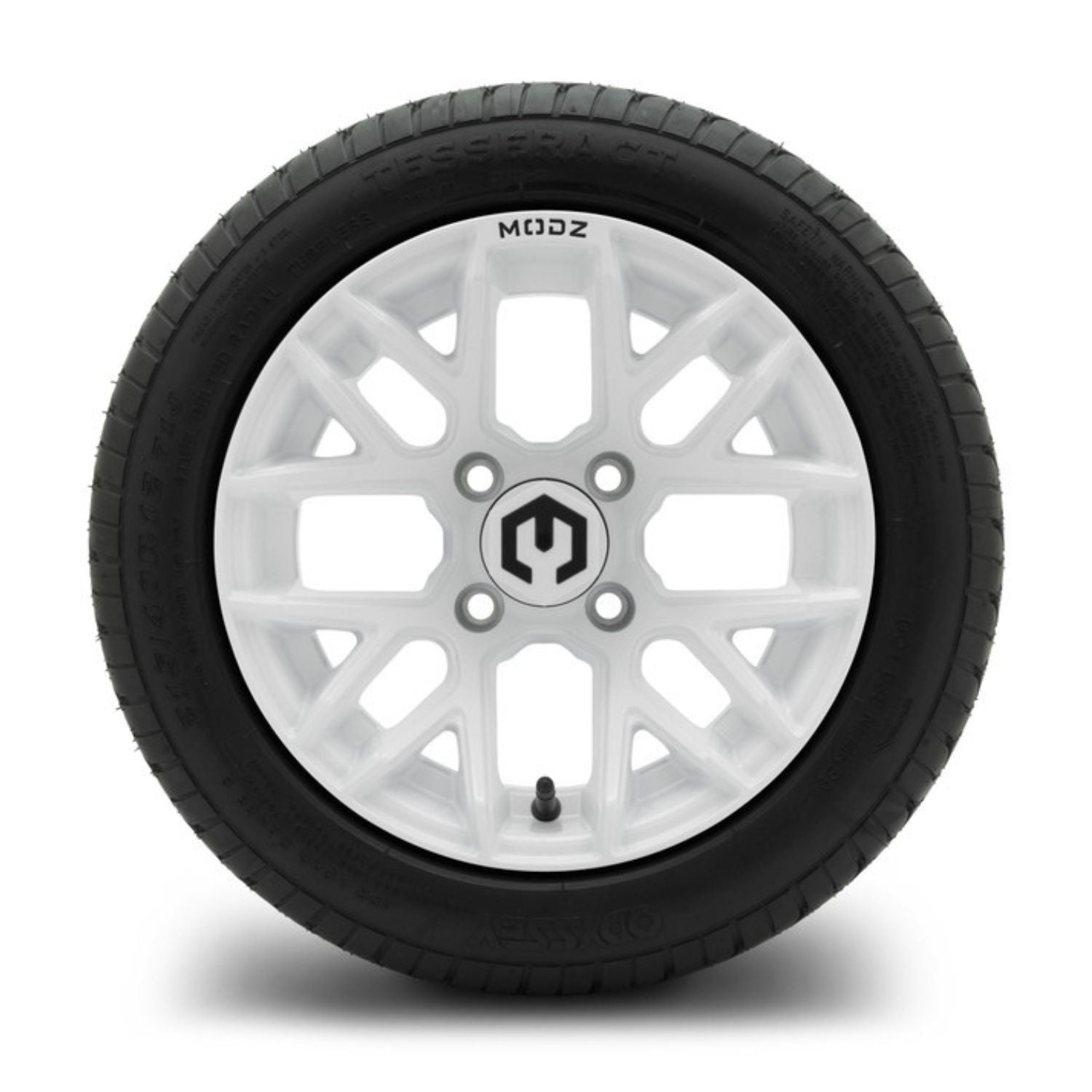 MODZ® 12" Matrix Glossy White Wheels & Street Tires Combo (Odyssey Tesseract Steel-Belted Radial 215/40-R12)