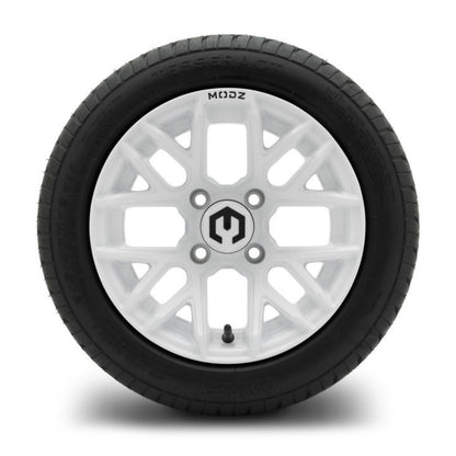 MODZ® 12" Matrix Glossy White Wheels & Street Tires Combo (Odyssey Tesseract Steel-Belted Radial 215/40-R12)