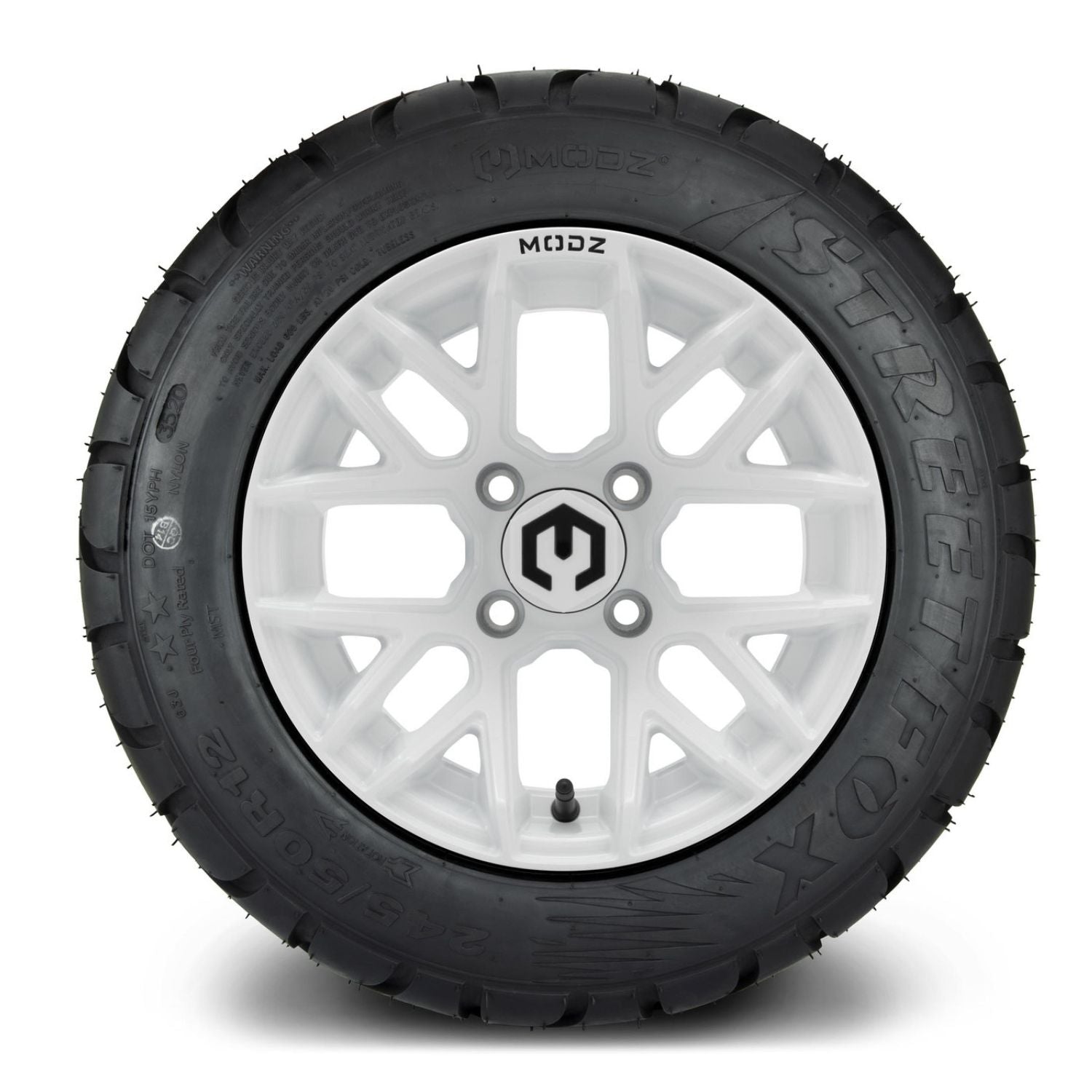 MODZ® 12" Matrix Glossy White Wheels & Street Tires Combo (MODZ Street Fox Radial 245/50-12)