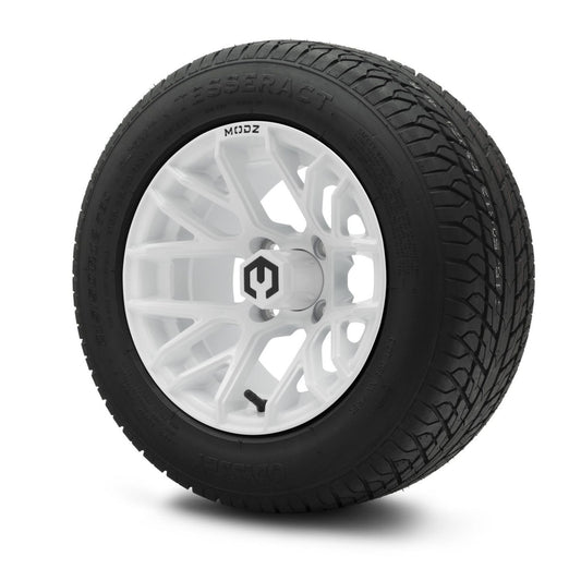 MODZ® 12" Matrix Glossy White Wheels & Street Tires Combo (Odyssey Tesseract Steel-Belted Radial 215/50-R12)
