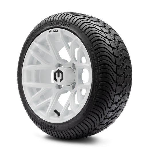 MODZ® 12" Matrix Glossy White Wheels & Street Tires Combo (Arisun Cruze 215/35-12)