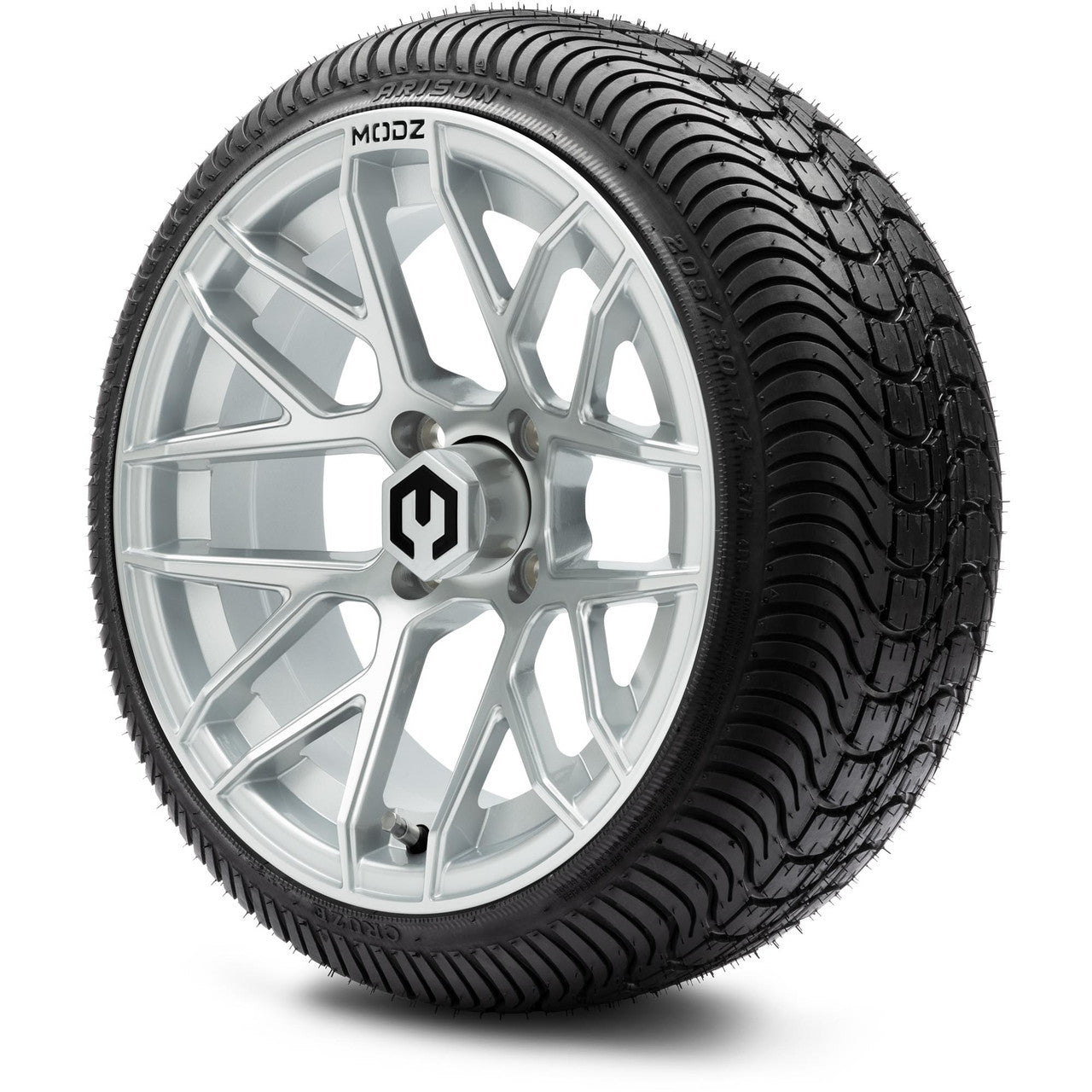 MODZ® 14" Matrix Silver Wheels & Street Tires Combo (Odyssey Tesseract Steel Belted Radial 215/35-14)