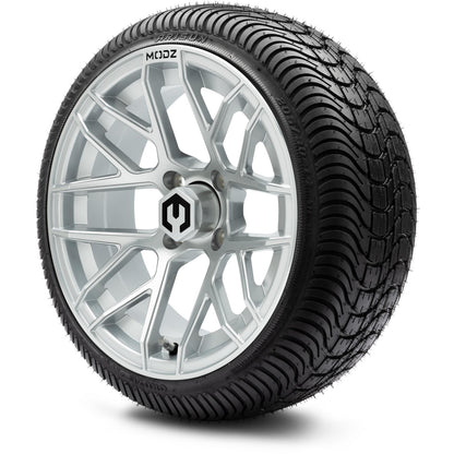 MODZ® 14" Matrix Silver Wheels & Street Tires Combo (Odyssey Tesseract Steel Belted Radial 215/50-14)