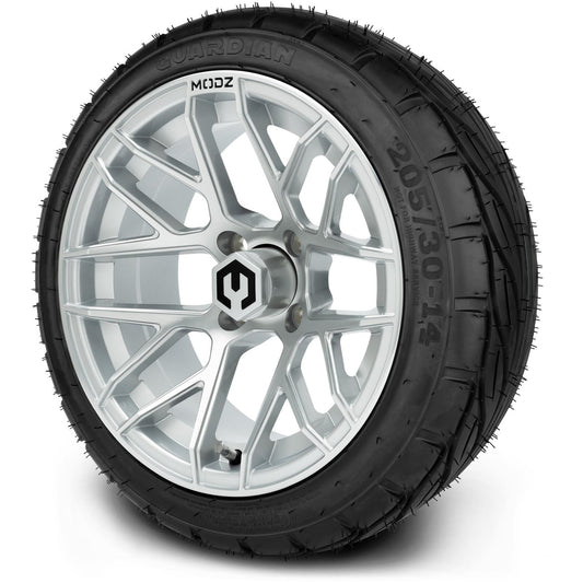 MODZ® 14" Matrix Silver Wheels & Street Tires Combo (MODZ Guardian 205/30-14)