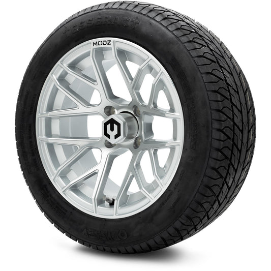 MODZ® 14" Matrix Silver Wheels & Street Tires Combo (Odyssey Tesseract Steel Belted Radial 215/50-14)