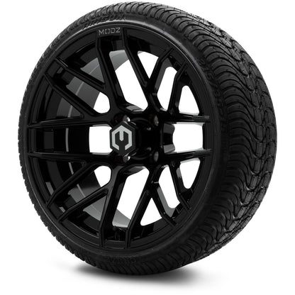 MODZ® 15" Matrix Glossy Black Wheels & Street Tires Combo (Odyssey Tesseract Steel-Belted Radial 215/35-R15)