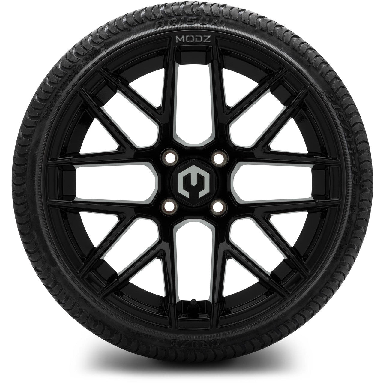 MODZ® 15" Matrix Glossy Black Wheels & Street Tires Combo (Odyssey Tesseract Steel-Belted Radial 215/35-R15)