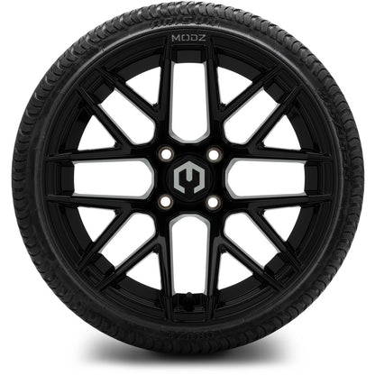 MODZ® 15" Matrix Glossy Black Wheels & Street Tires Combo (Odyssey Tesseract Steel-Belted Radial 215/35-R15)