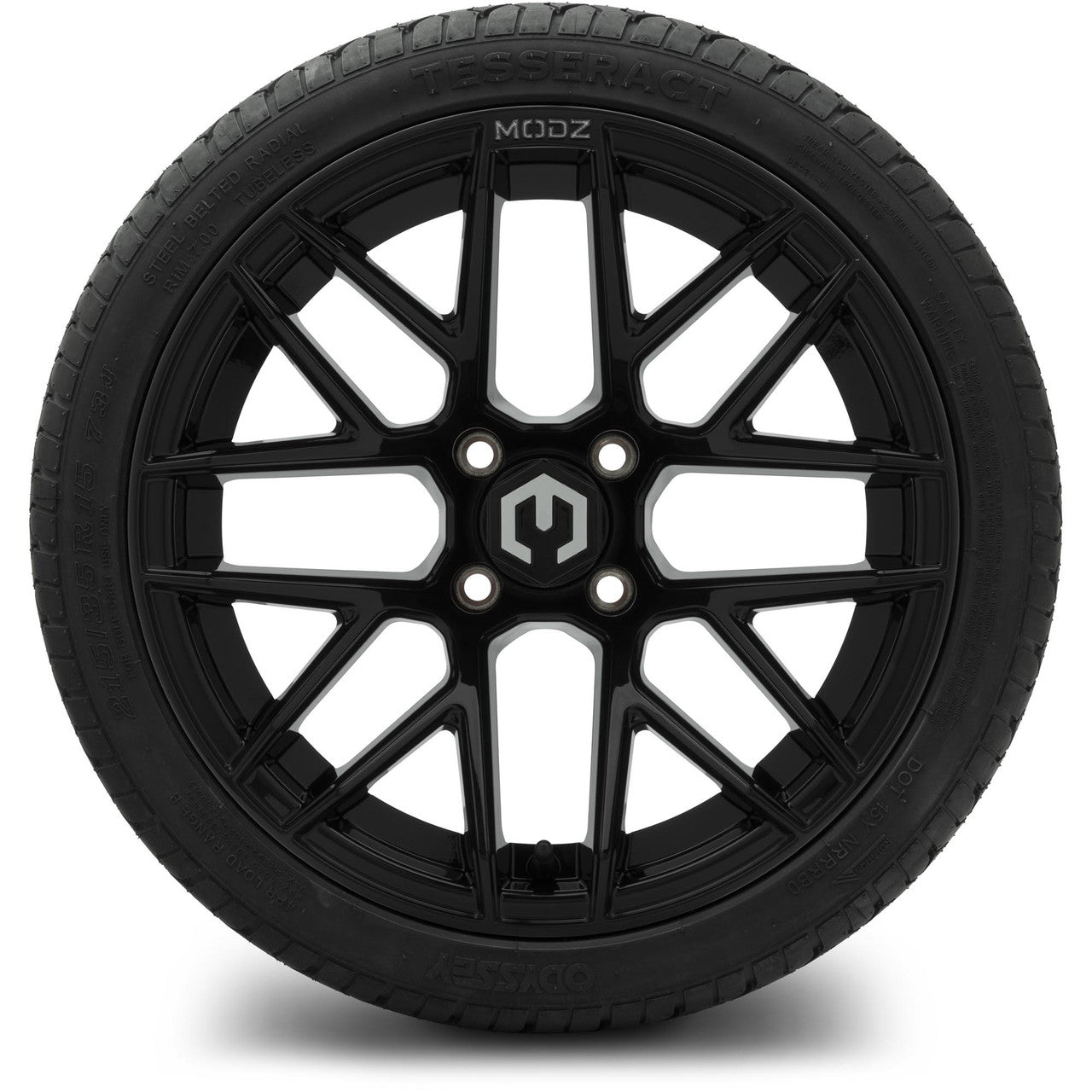 MODZ® 15" Matrix Glossy Black Wheels & Street Tires Combo (Odyssey Tesseract Steel-Belted Radial 215/35-R15)