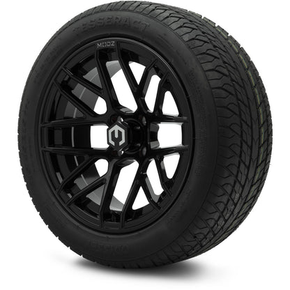MODZ® 15" Matrix Glossy Black Wheels & Street Tires Combo (Odyssey Tesseract Steel-Belted Radial 215/45-R15)