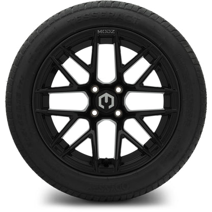 MODZ® 15" Matrix Glossy Black Wheels & Street Tires Combo (Odyssey Tesseract Steel-Belted Radial 215/45-R15)