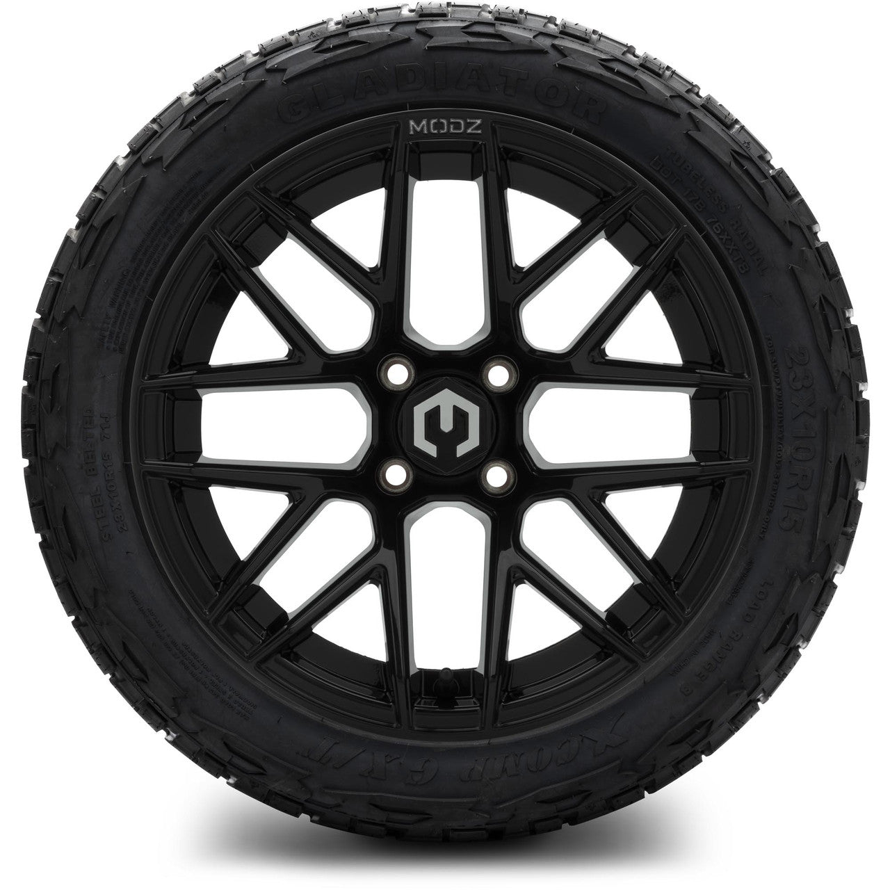 MODZ® 15" Matrix Glossy Black Wheels & Off-Road Tires Combo (Xcomp Gladiator Steel Belted Radial 23x10-15)
