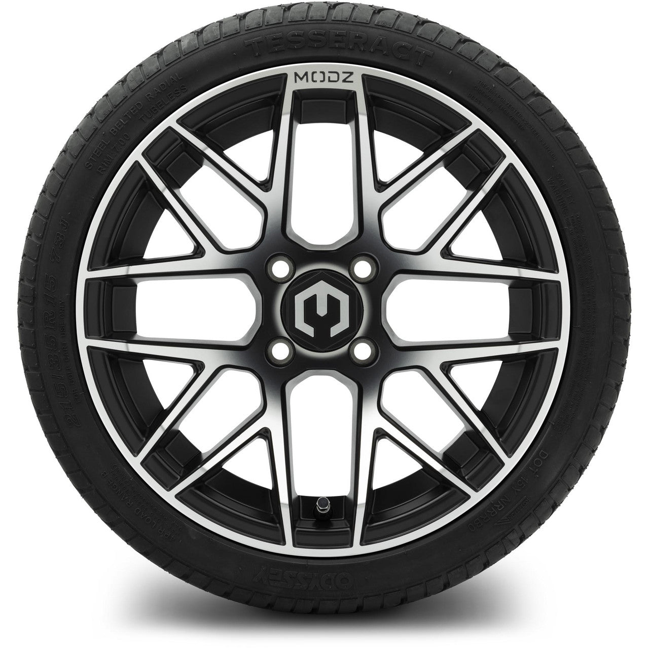 MODZ® 15" Matrix Machined Black Wheels & Street Tires Combo (Odyssey Tesseract Steel-Belted Radial 215/35-R15)