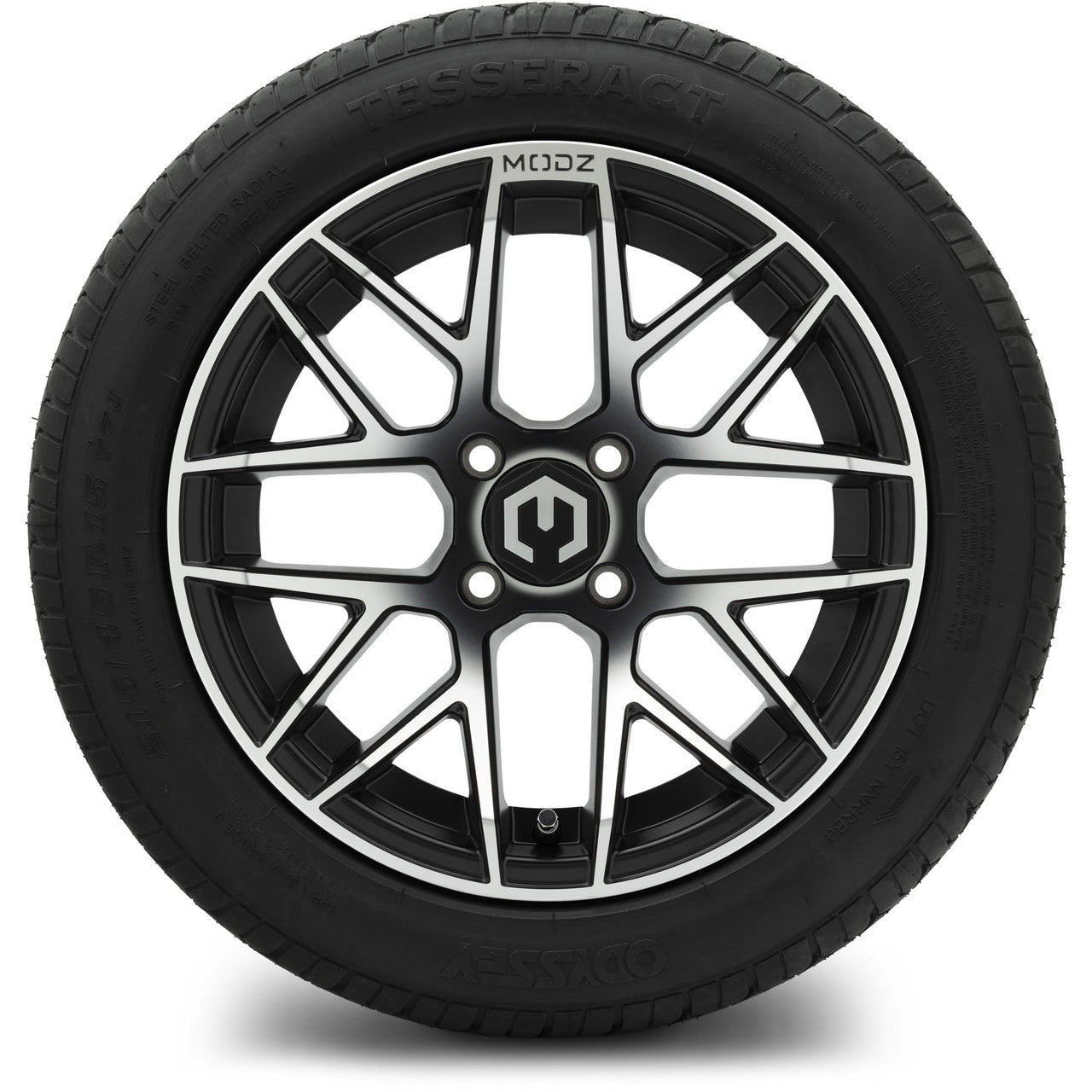 MODZ® 15" Matrix Machined Black Wheels & Street Tires Combo (Odyssey Tesseract Steel-Belted Radial 215/35-R15)
