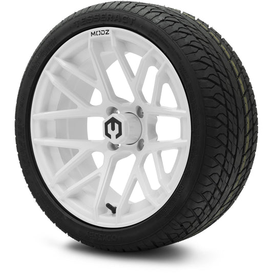 MODZ® 15" Matrix Glossy White  Wheels & Street Tires Combo (Odyssey Tesseract Steel-Belted Radial 215/35-R15)