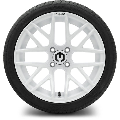 MODZ® 15" Matrix Glossy White  Wheels & Street Tires Combo (Odyssey Tesseract Steel-Belted Radial 215/45-R15)