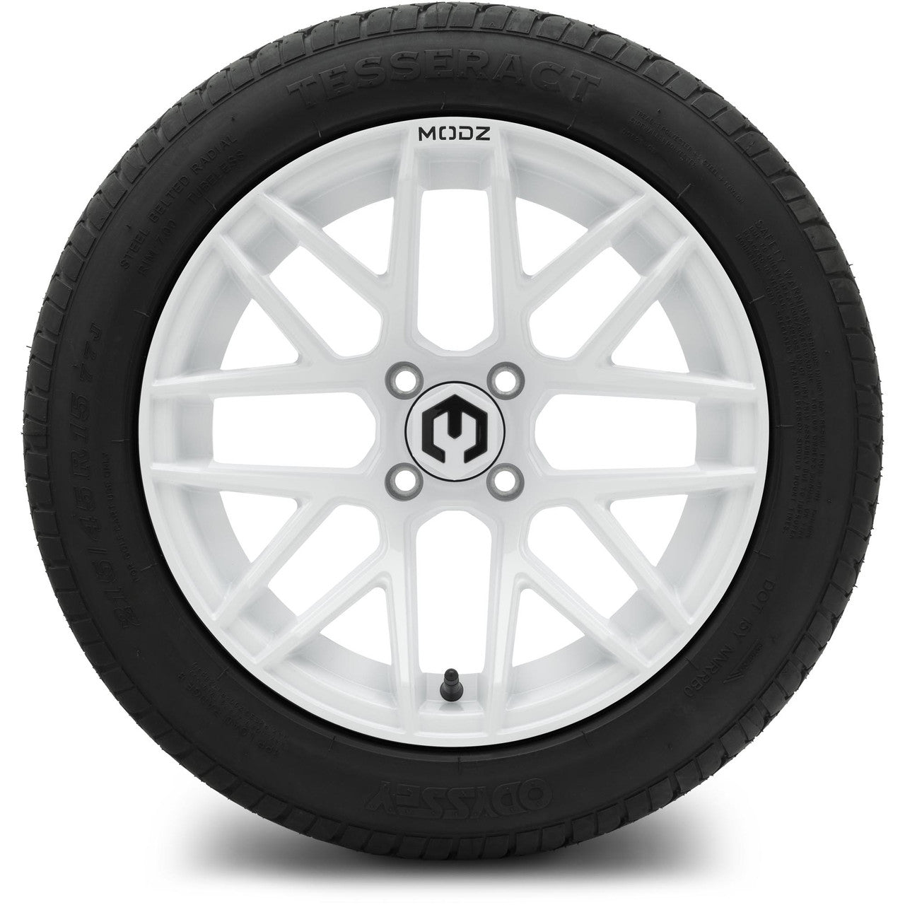 MODZ® 15" Matrix Glossy White  Wheels & Street Tires Combo (Odyssey Tesseract Steel-Belted Radial 215/35-R15)