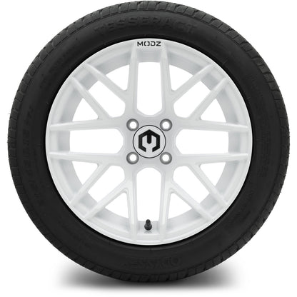 MODZ® 15" Matrix Glossy White  Wheels & Street Tires Combo (Odyssey Tesseract Steel-Belted Radial 215/35-R15)