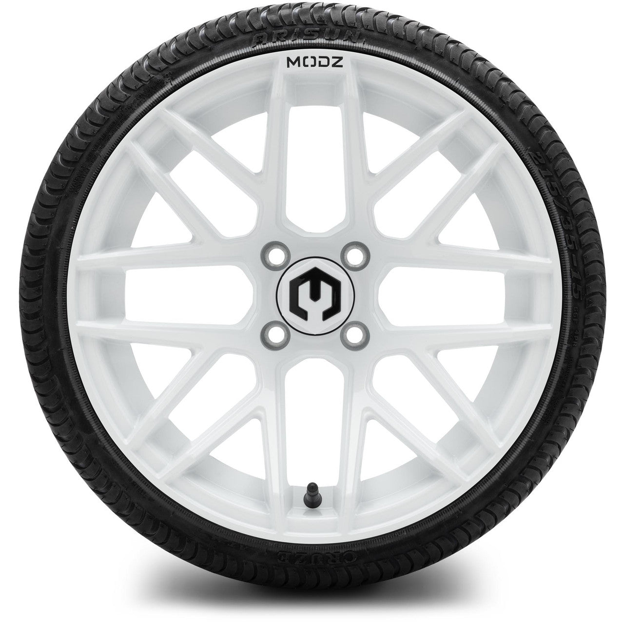 MODZ® 15" Matrix Glossy White  Wheels & Street Tires Combo (Odyssey Tesseract Steel-Belted Radial 215/35-R15)