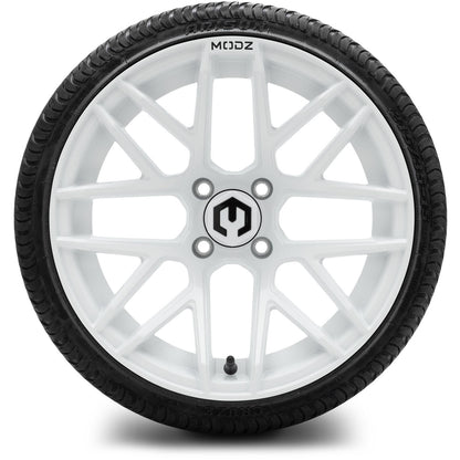MODZ® 15" Matrix Glossy White  Wheels & Street Tires Combo (Odyssey Tesseract Steel-Belted Radial 215/45-R15)