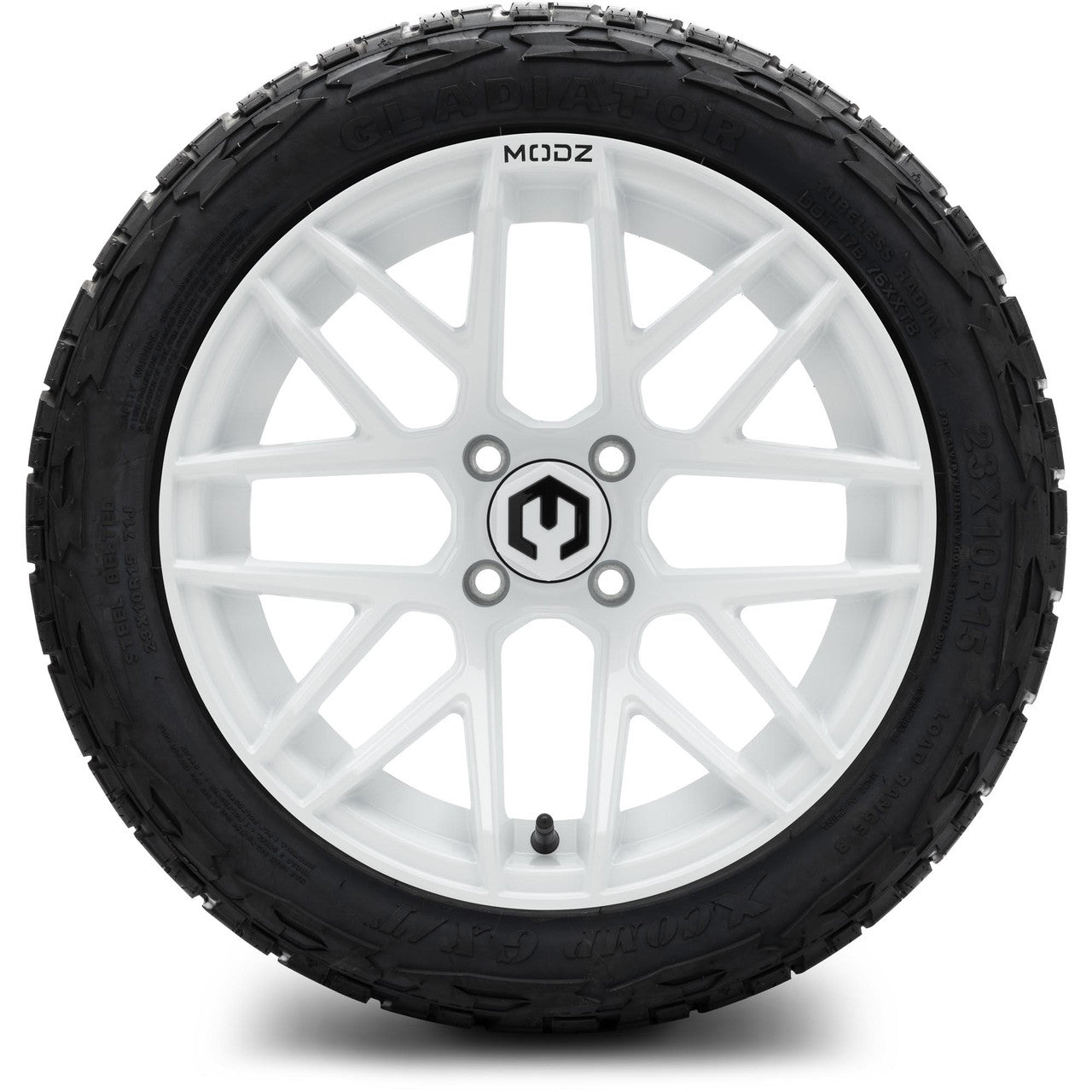 MODZ® 15" Matrix Glossy White Wheels & Off-Road Tires Combo (Arisun X-Trail All-Terrain 23x10-15)