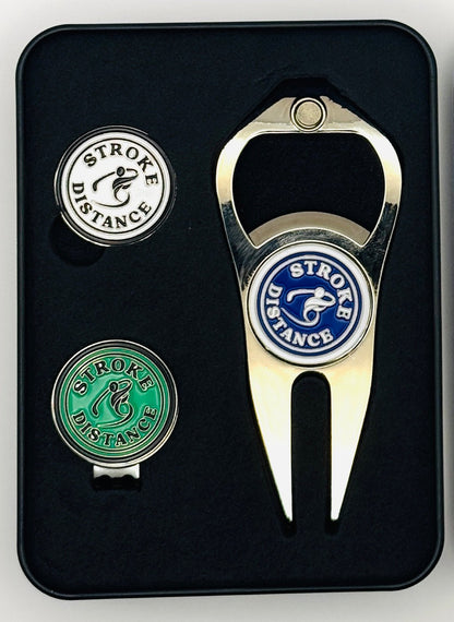 Stroke & Distance Golf Gift Set: Gift Tin, Divot Tool, Ball Marker, Hat Clip