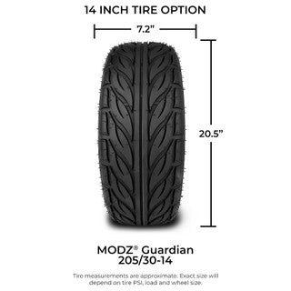 MODZ® 14" Mayhem Brushed Gunmetal with Ball Mill Wheels & Street Tires Combo (MODZ Guardian 205/30-14)