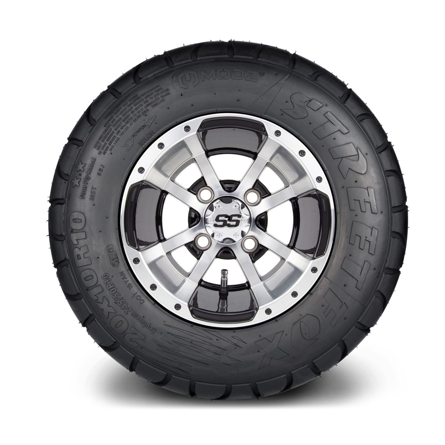 MODZ® 10" Storm Trooper Machined Black Wheels & Street Tires Combo (MODZ Street Fox Radial 20x10-10)