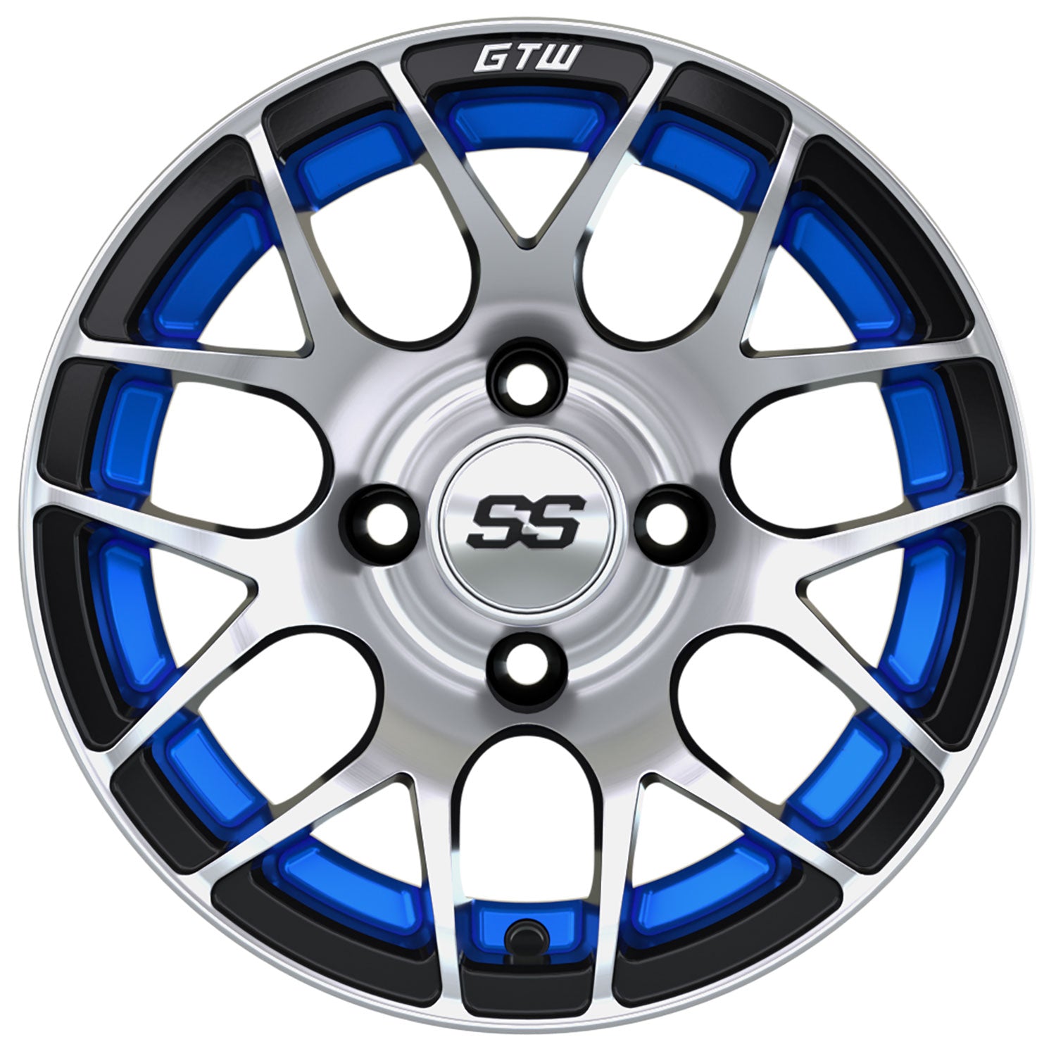 Pursuit 12 inch GTW golf cart wheel - Silver / Blue