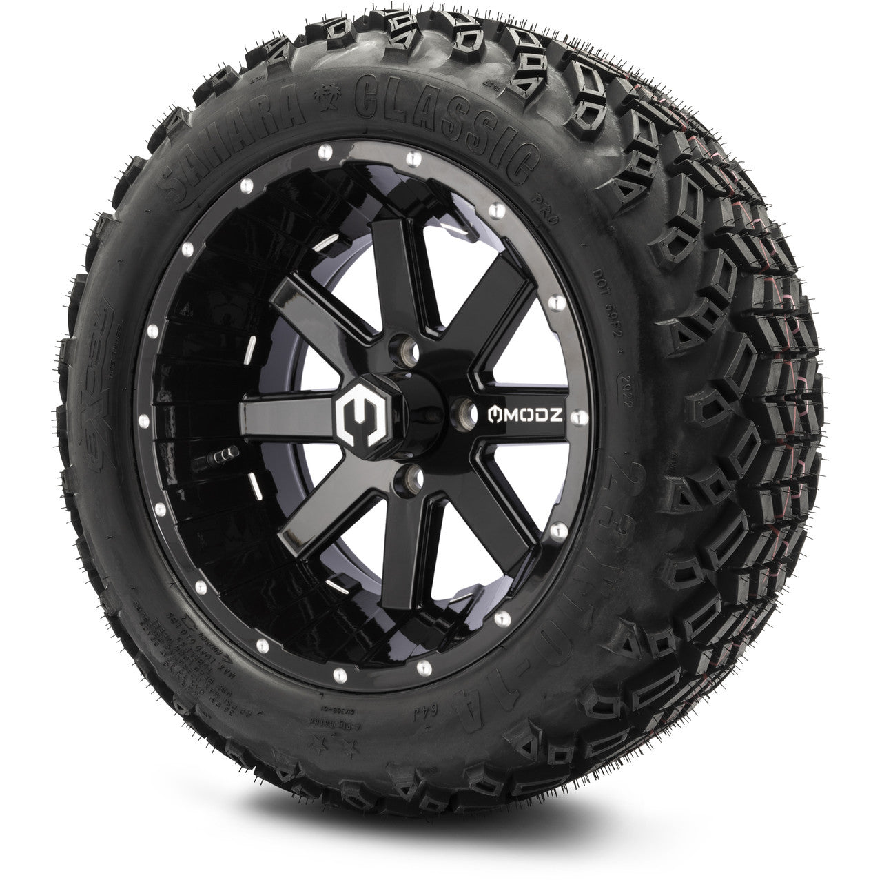 MODZ® 14" Assault Glossy Black with Ball Mill Wheels & Off-Road Tires Combo (Arisun X-Trail All-Terrain 23x10-14)