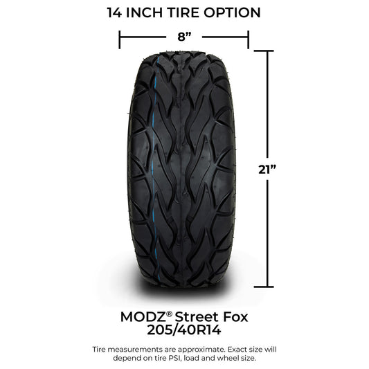 MODZ® 14" Chaos Silver Wheels & Street Tires Combo (MODZ Street Fox Radial 205/40-14)