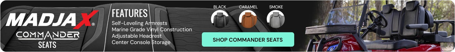 MadJax Commander Seats: self-leveling armrests, marine grade vinyl construction, adjustable headrest, center console storage. Shop Commander Seats.