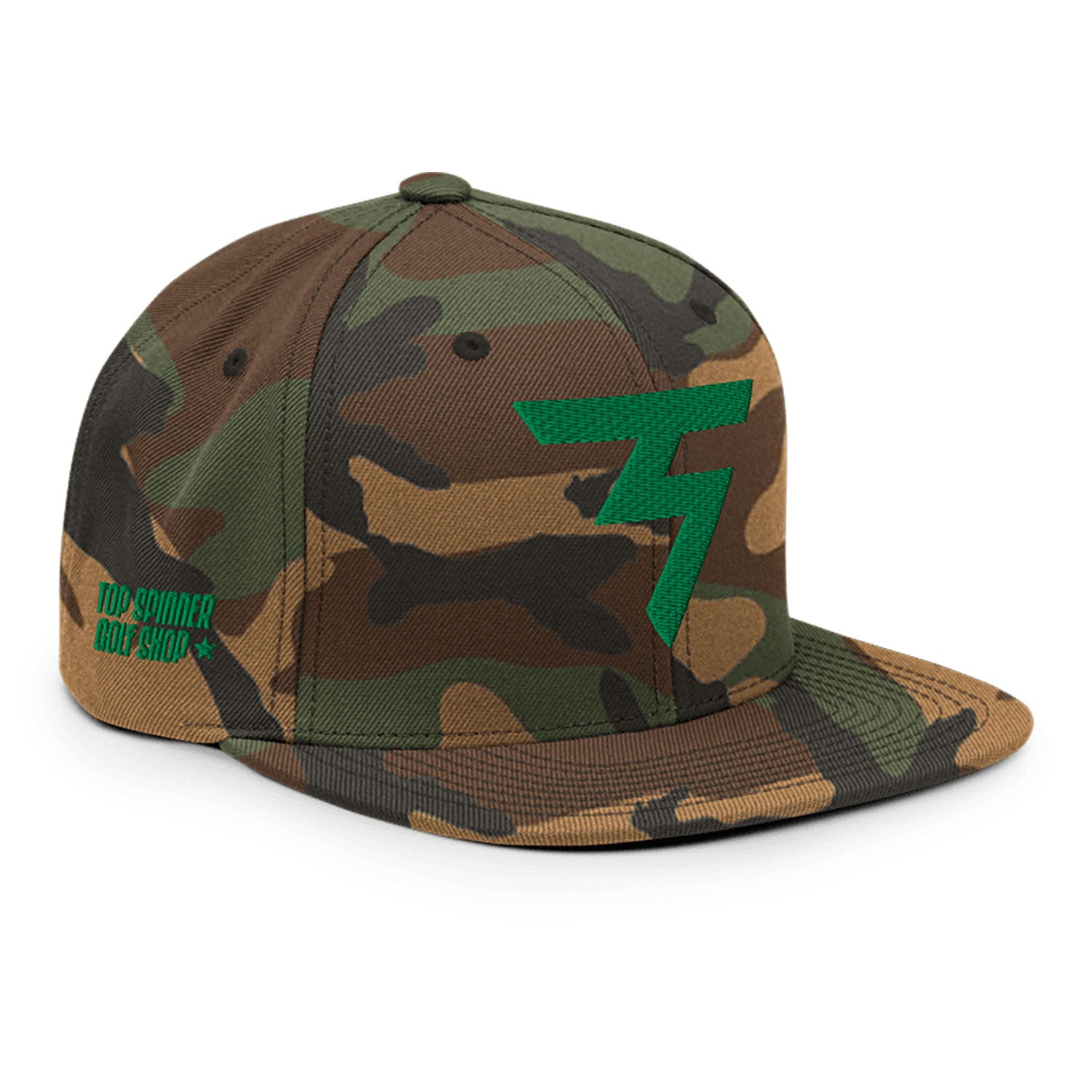 Spinner Snapback The Torrey Camo Kelly golf hat – right front angle