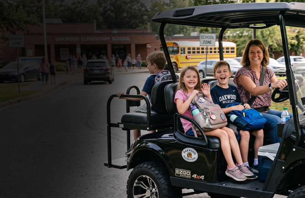 Family riding a golf cart at school pickup - golf cart seat kits